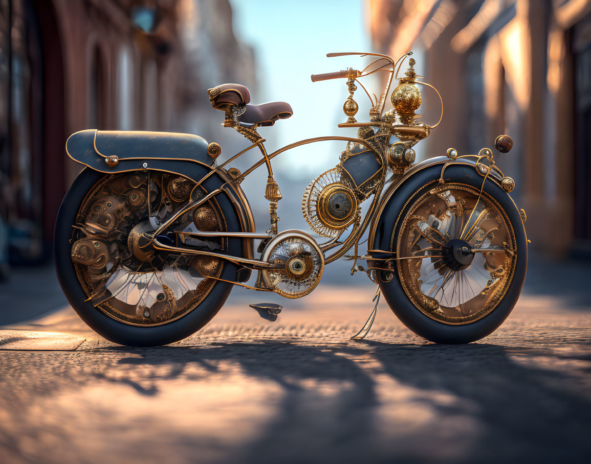 Steampunk-style motorcycle with ornate gears and brass accents on cobblestone street