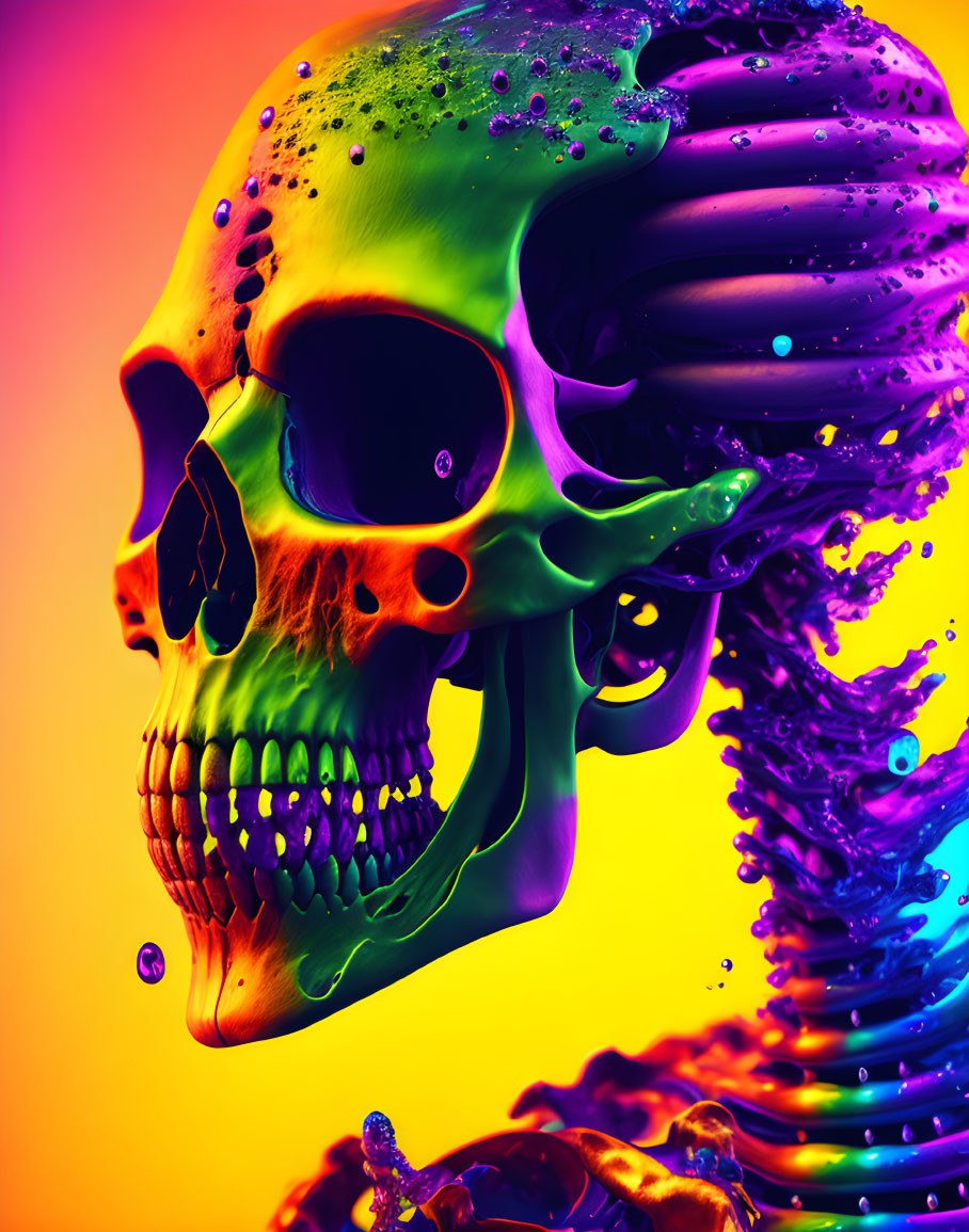 Colorful digital artwork: Skull with melting features in vibrant hues on gradient background