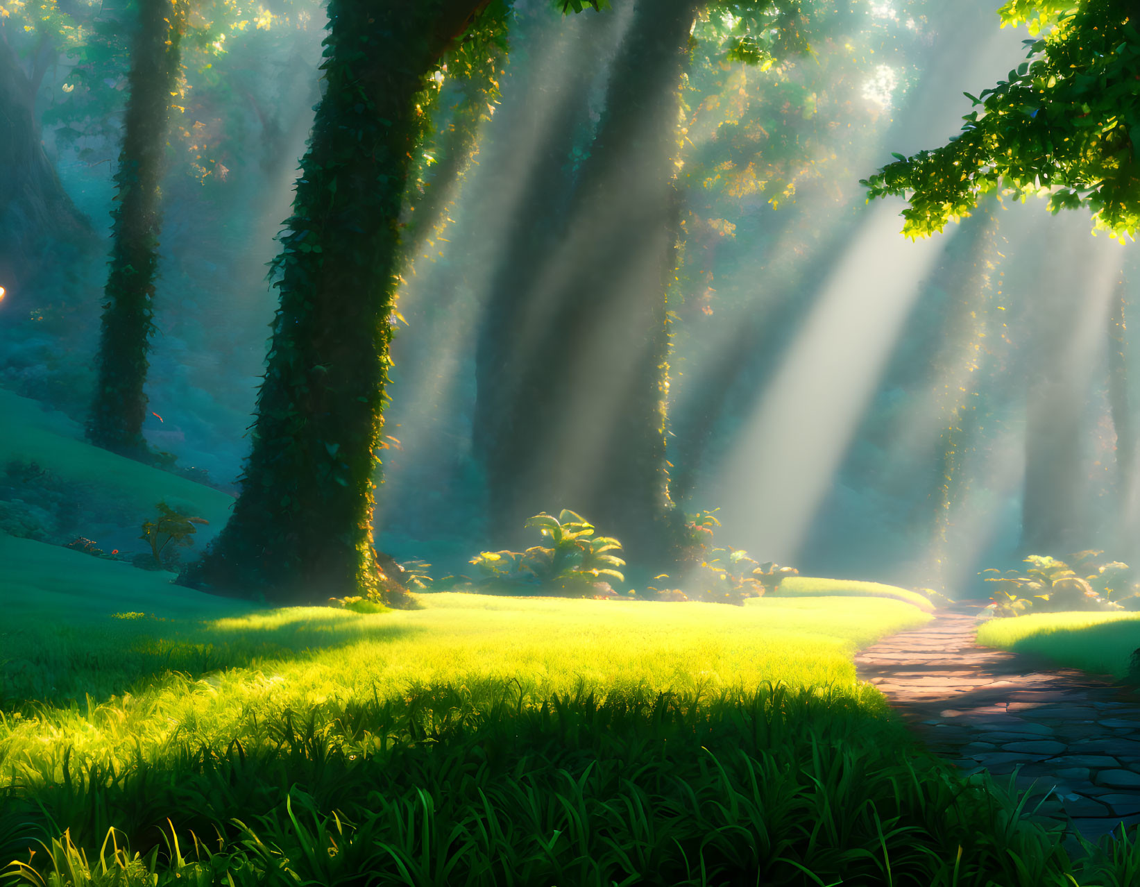 Sunlit Forest Path with Tall Trees and Verdant Undergrowth