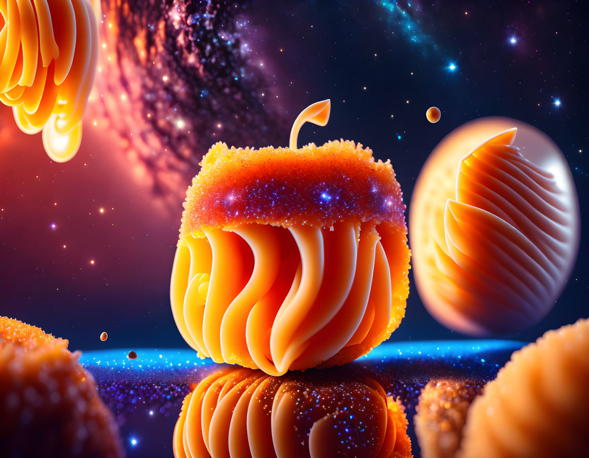 Vibrant 3D Cosmic Scene: Glowing Orange Pumpkin-like Objects on Starry Universe Back