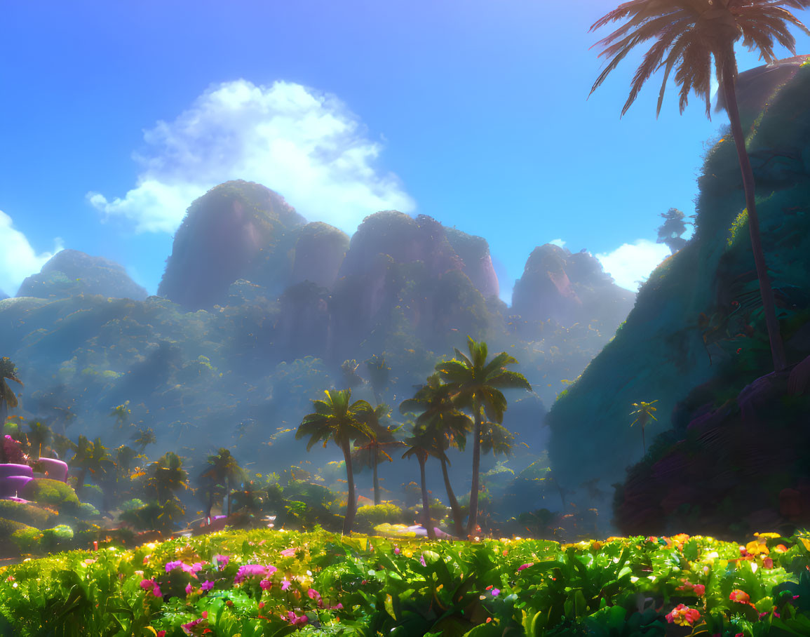 Tropical landscape with lush greenery, palm trees, and misty mountains