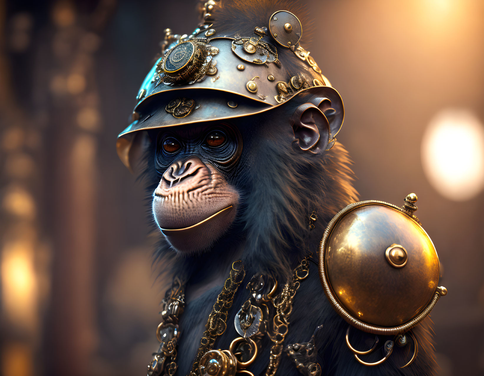 Chimpanzee in Steampunk Helmet and Shoulder Shield
