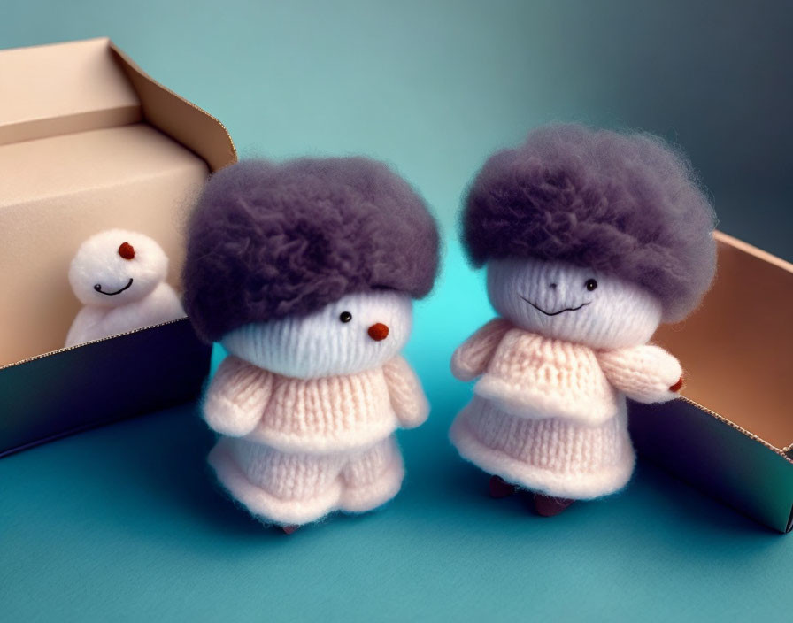 Fluffy toys with purple hats next to smiling toy in open box