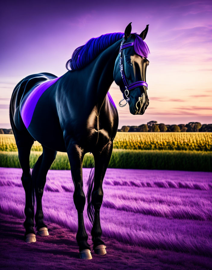 Black horse with purple and blue highlights in a dusk field