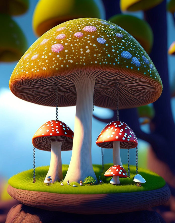 Whimsical illustration of large mushroom with dotted cap and smaller mushrooms forming swing set