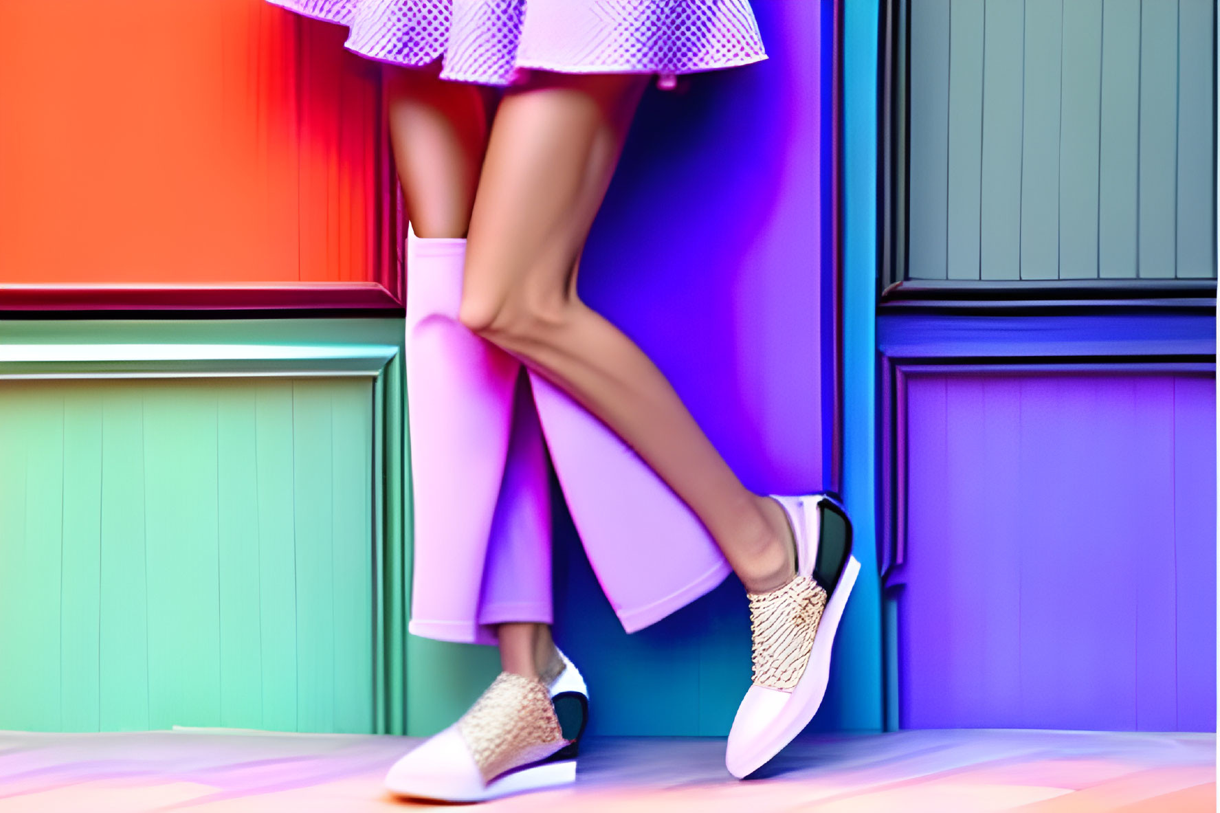 Person in Pink Knee-High Socks and White Sneakers by Colorful Wall