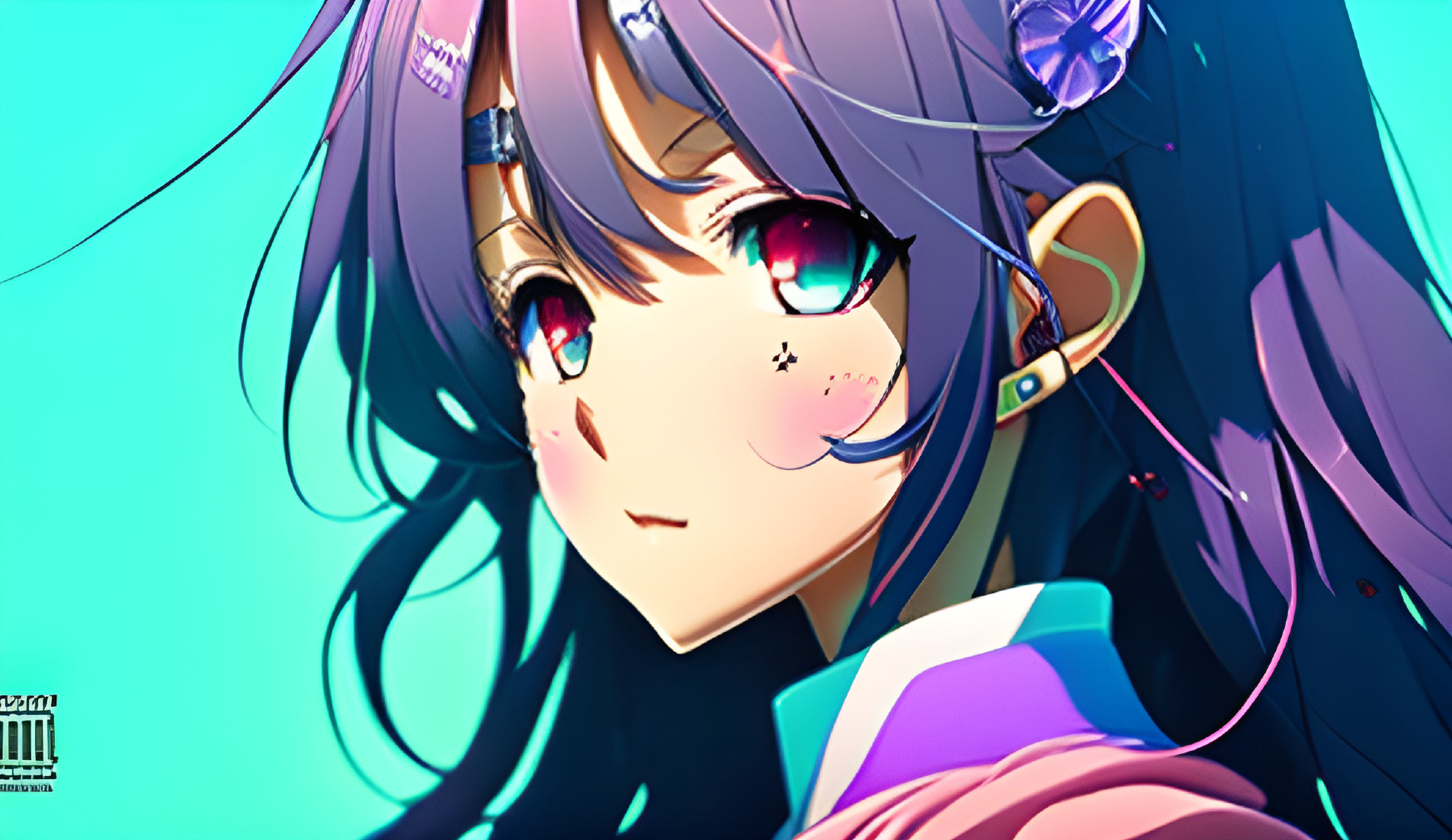 Colorful Anime Girl with Purple Hair and Headphones on Teal Background