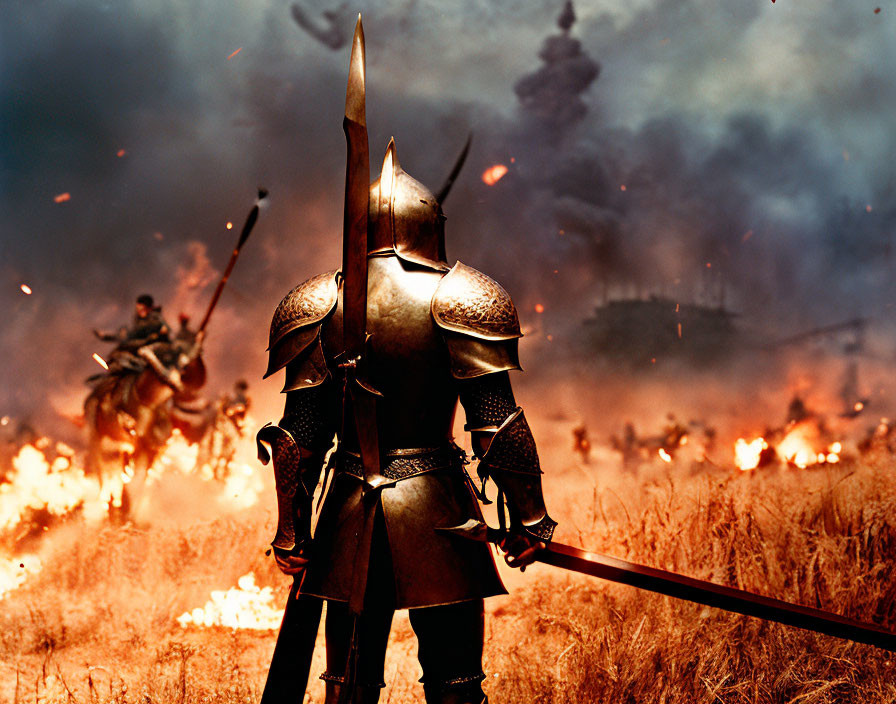Medieval knight in armor with spear on fiery battlefield
