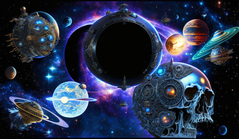 Colorful cosmic scene with planets, skull, spaceships, and wormhole portal on starry background