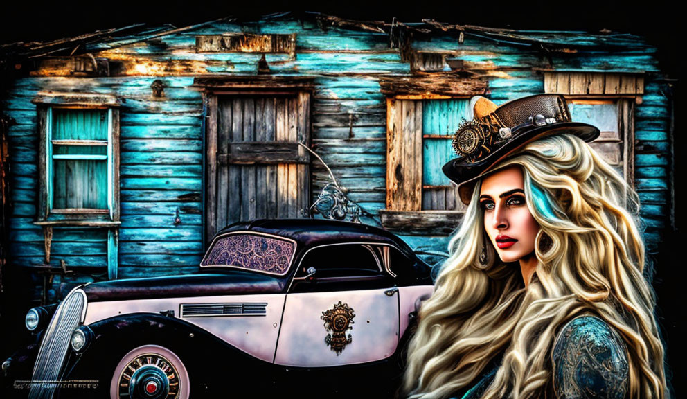 Blonde woman with steampunk hat by vintage car and blue shack