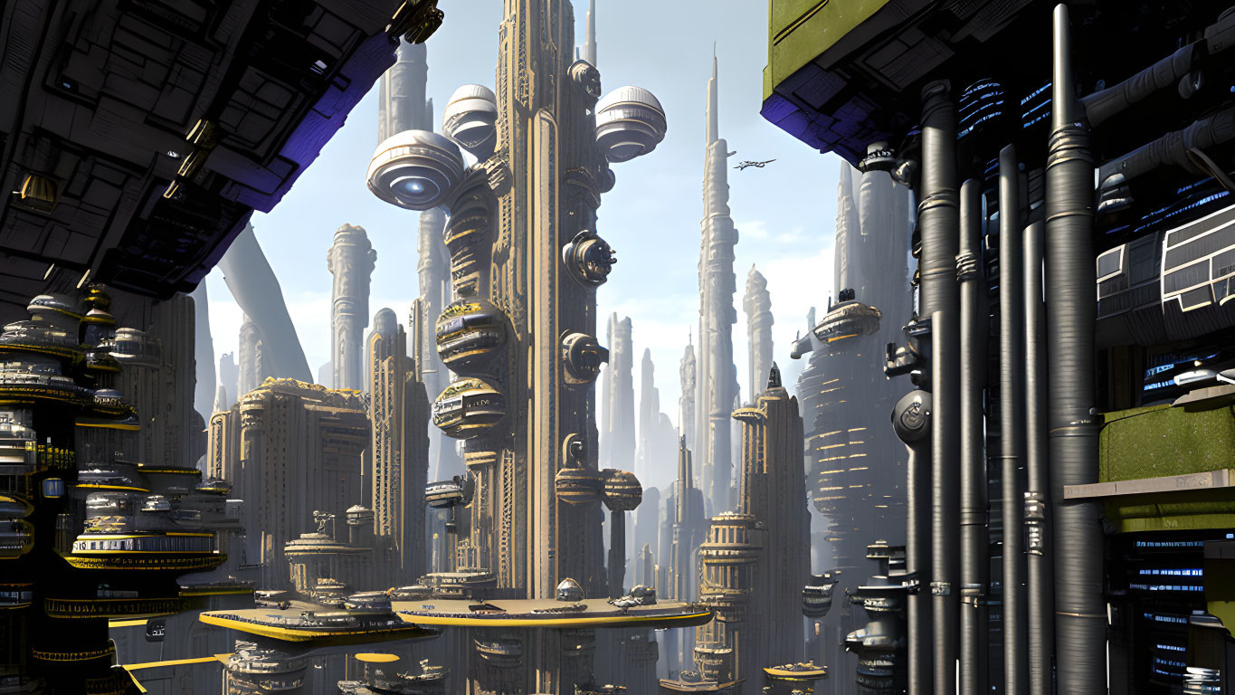 Futuristic cityscape with skyscrapers, advanced architecture, and flying vehicles