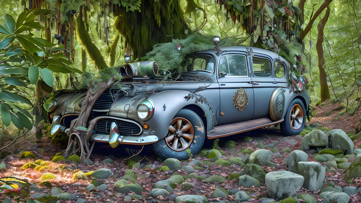 Vintage Car with Elaborate Decorations in Lush Forest