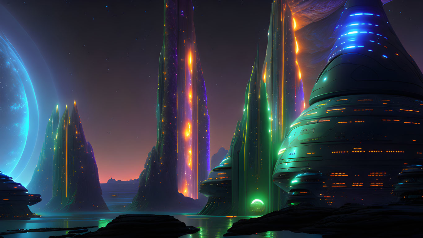 Futuristic night cityscape with illuminated buildings and aurora