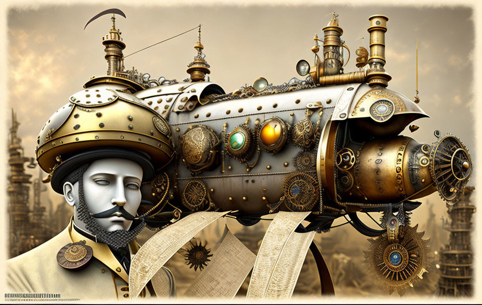 Steampunk submarine and Victorian man art fusion.