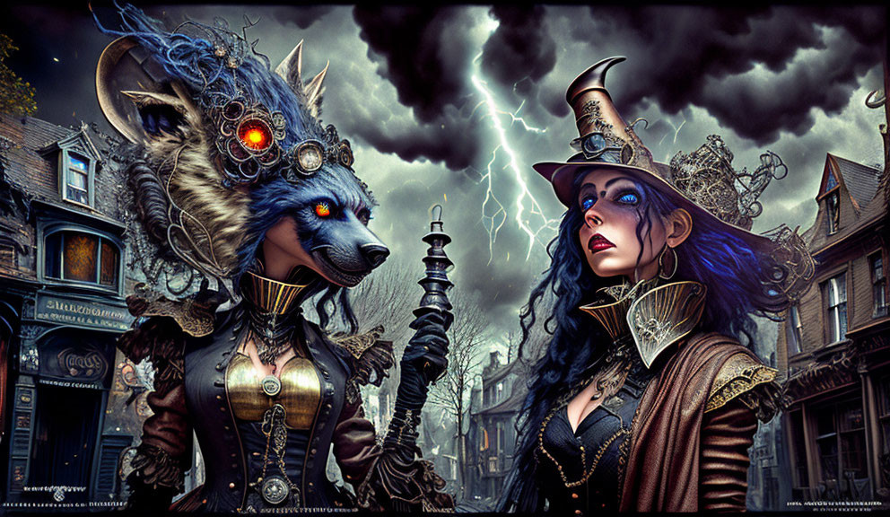 Steampunk-style characters with wolf mask and top hat in Victorian dress under stormy sky
