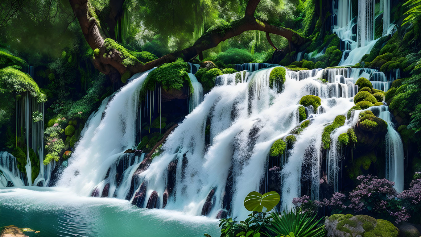 Serene pool with lush waterfall and green foliage
