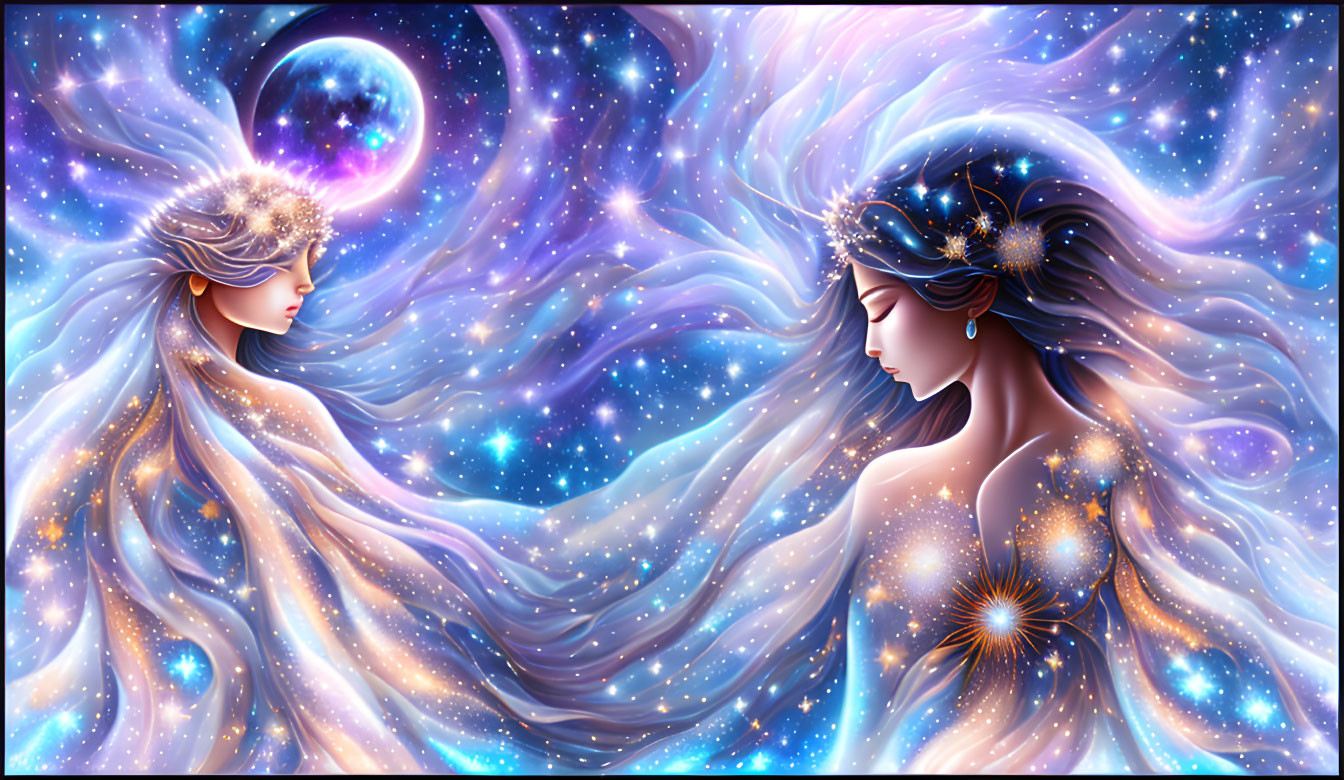 Ethereal women with starry hair in cosmic setting