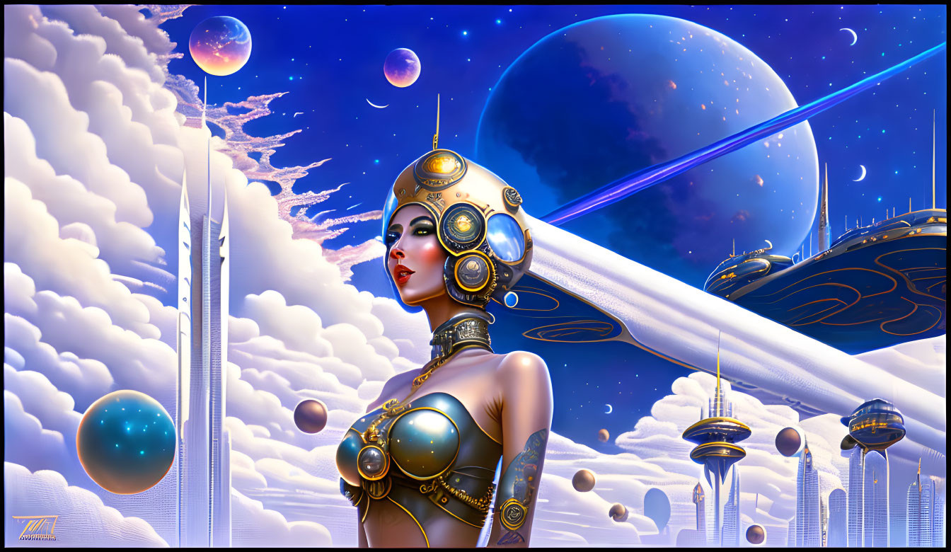 Futuristic female android with intricate headgear in alien cityscape