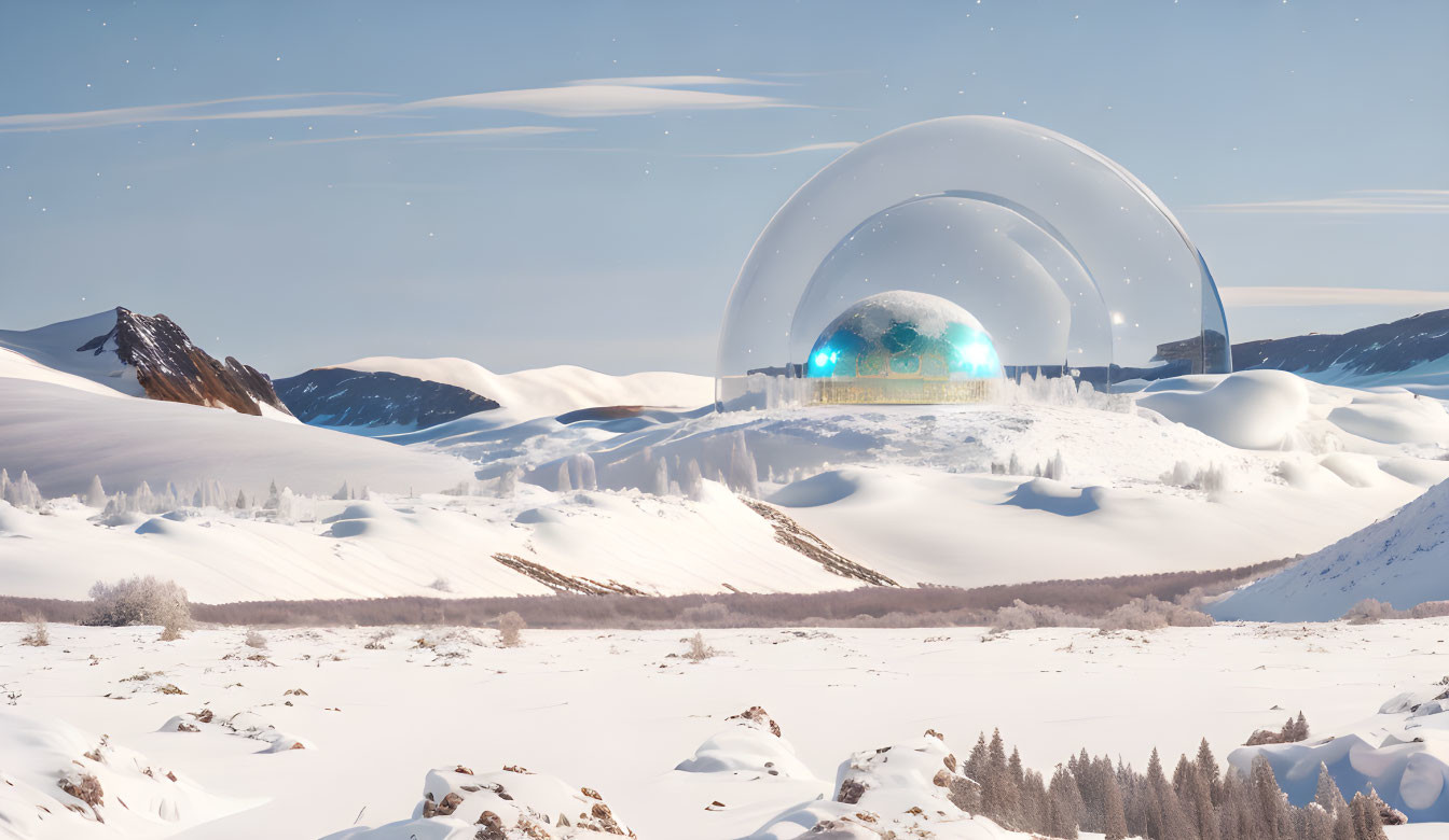 Futuristic dome city in snowy landscape with mountains