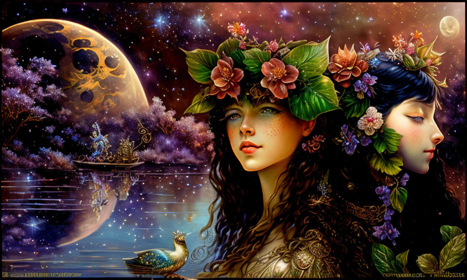 Fantasy-themed illustration of two female faces with floral crowns in celestial setting