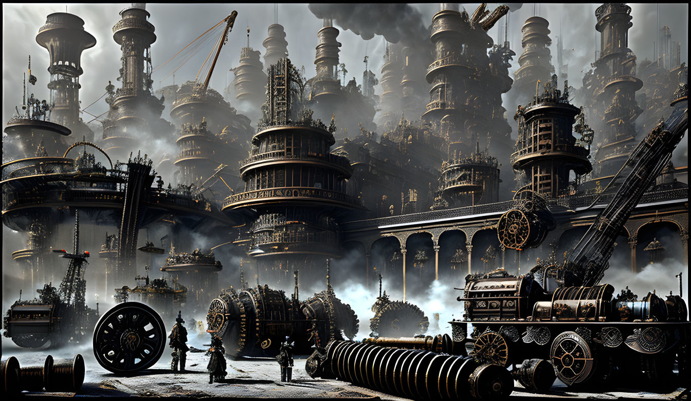 Steampunk cityscape with industrial towers and armed figures
