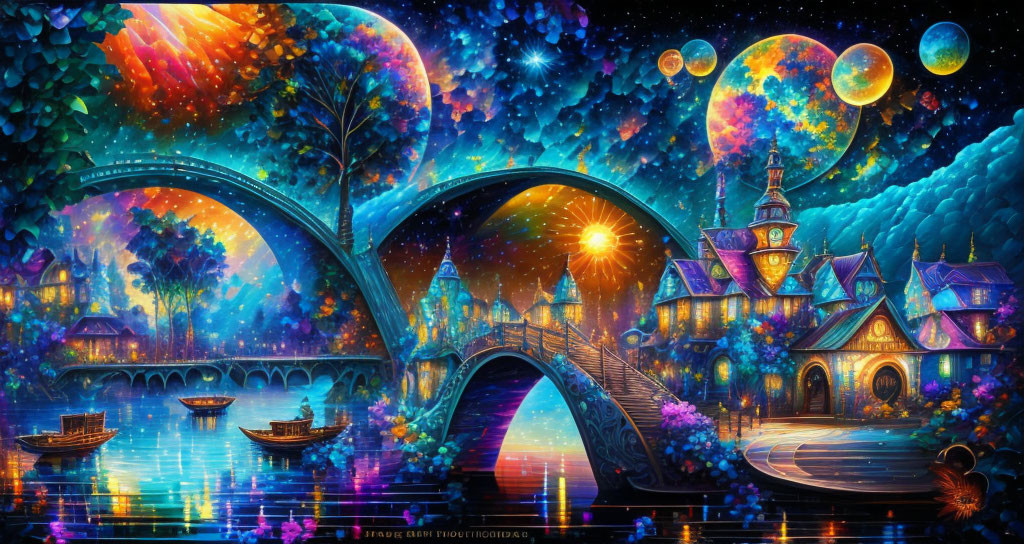 Colorful Fantasy Landscape with Starry Sky, Moonlit Village, and Glowing Orbs