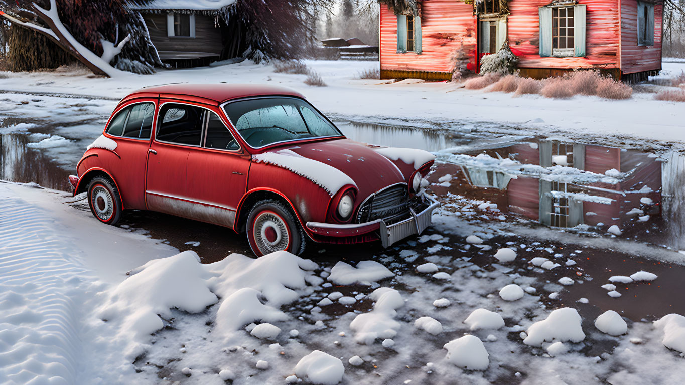 Snow-covered vintage red car near frozen pond and red wooden house in winter landscape.