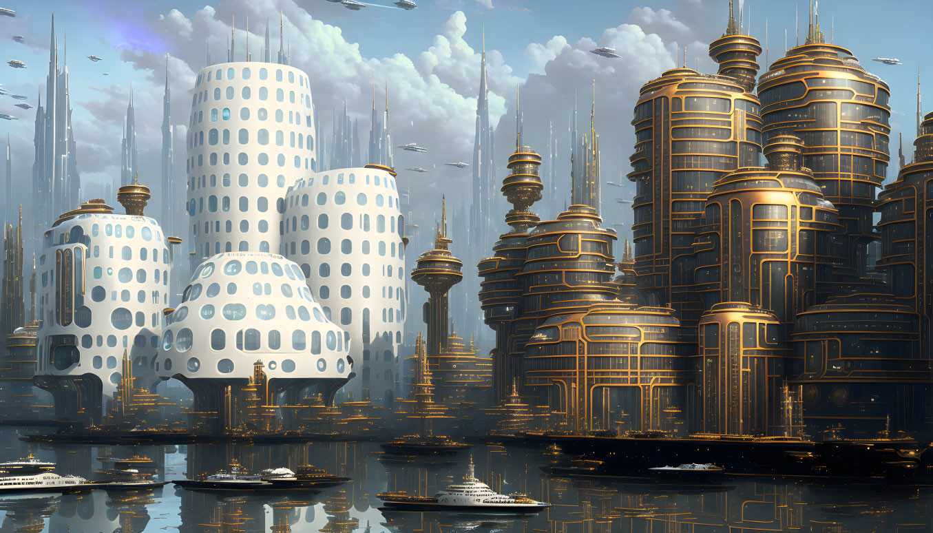Golden skyscrapers and white buildings in futuristic cityscape with boats on water under cloudy sky