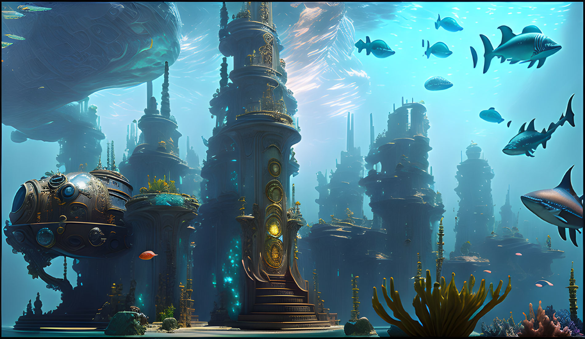 Futuristic underwater cityscape with corals, fish, and illuminated structures