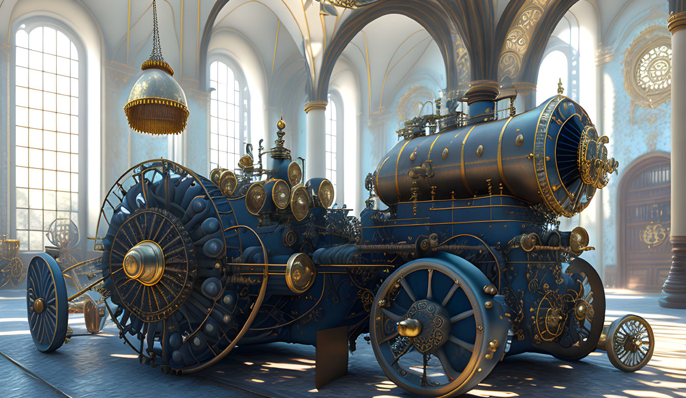 Vintage Steam Engine in Ornate Sunlit Hall with Arched Windows