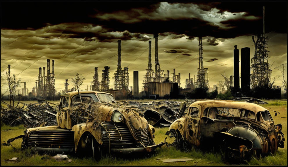 Abandoned vintage cars in desolate industrial landscape