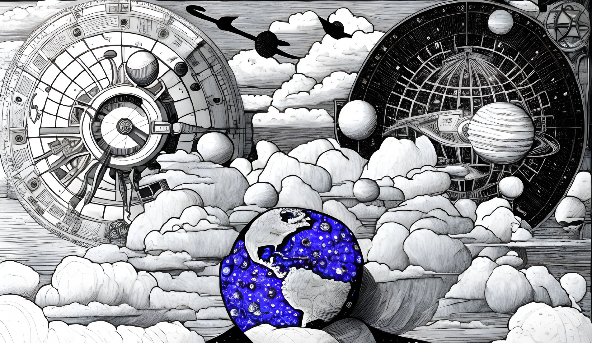 Monochrome celestial illustration with steampunk space theme