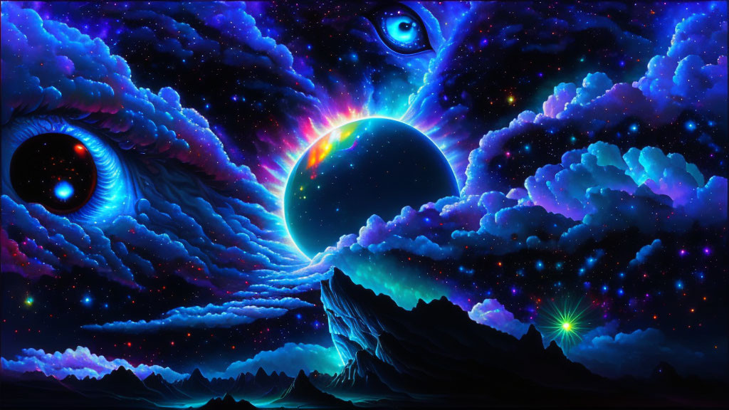 Colorful cosmic landscape with giant eyes, rainbow planet, and mountain silhouette