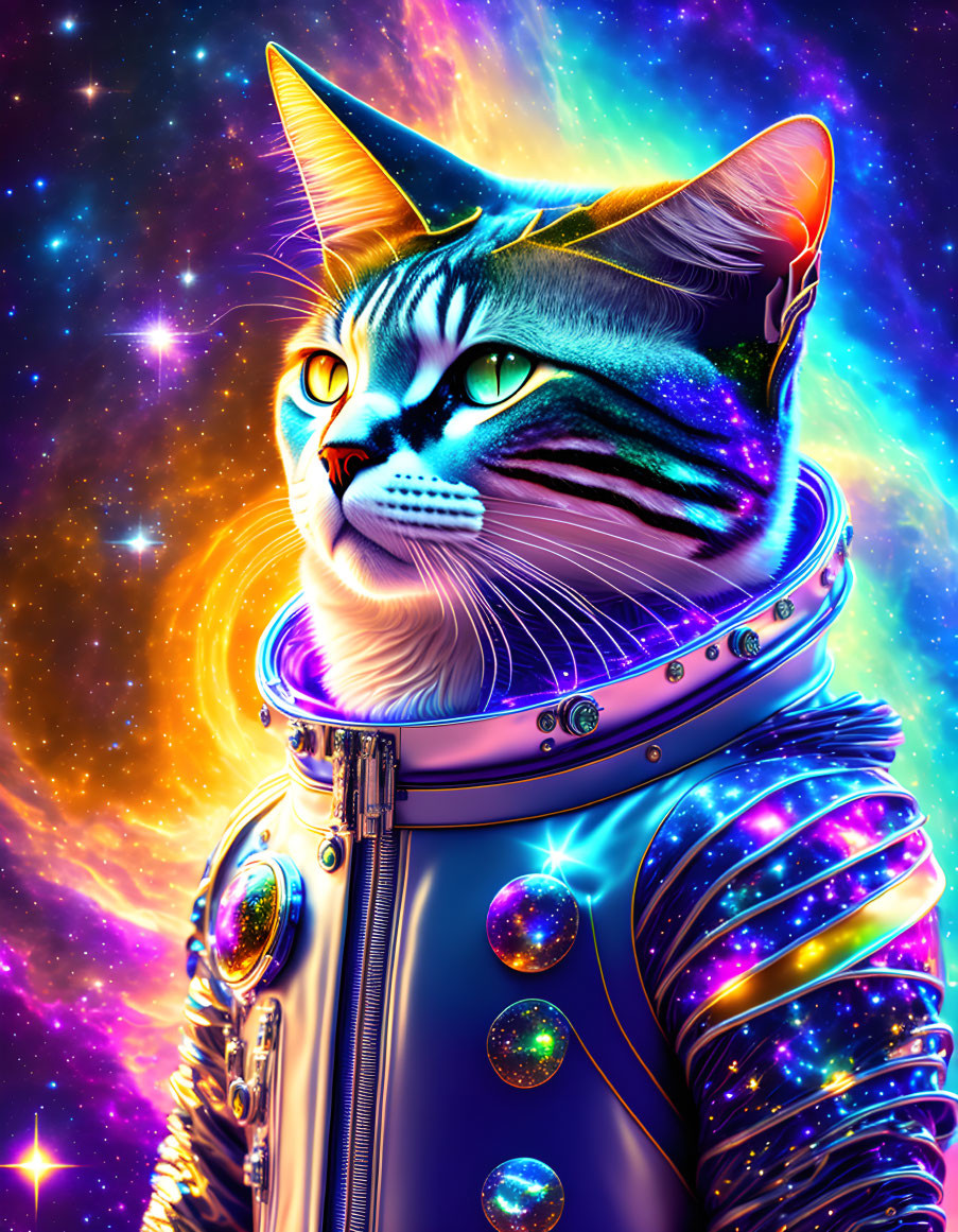 Cosmic cat in astronaut suit digital art with vibrant colors