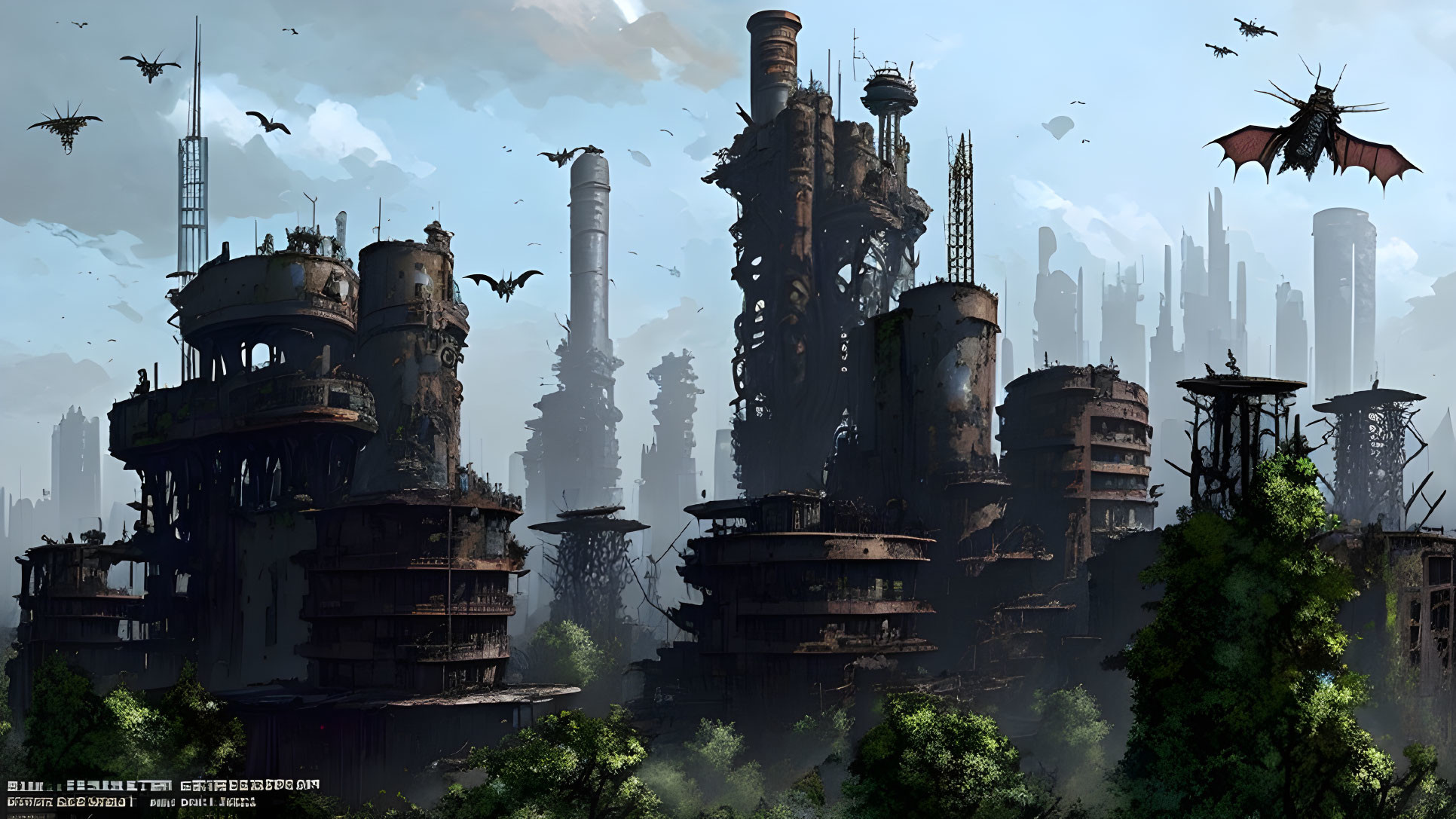 Derelict industrial towers in dystopian landscape with dragons under hazy sky