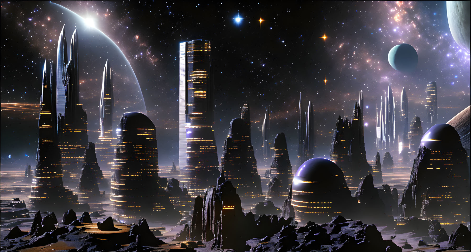 Futuristic cityscape with towering skyscrapers and cosmic backdrop