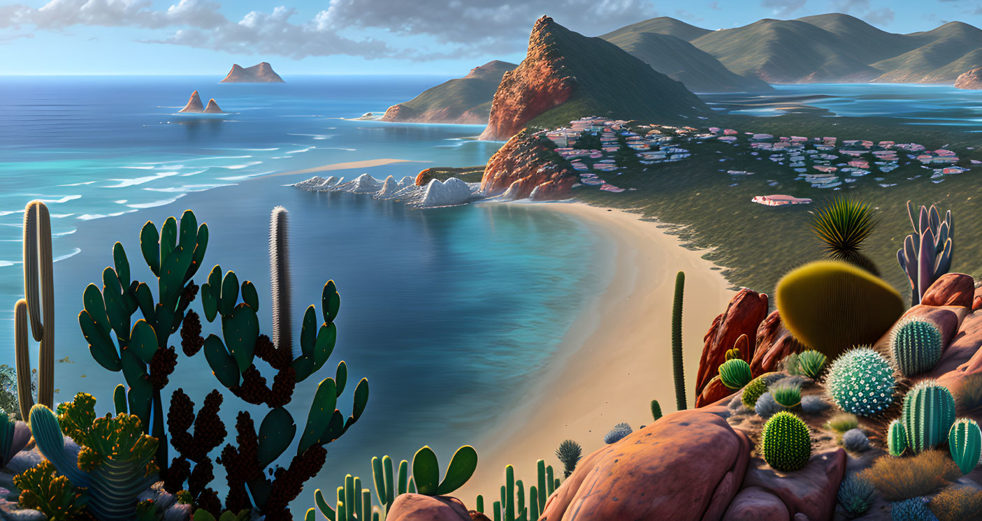 Tranquil seaside landscape with beach, clear waters, hills, cacti, and village