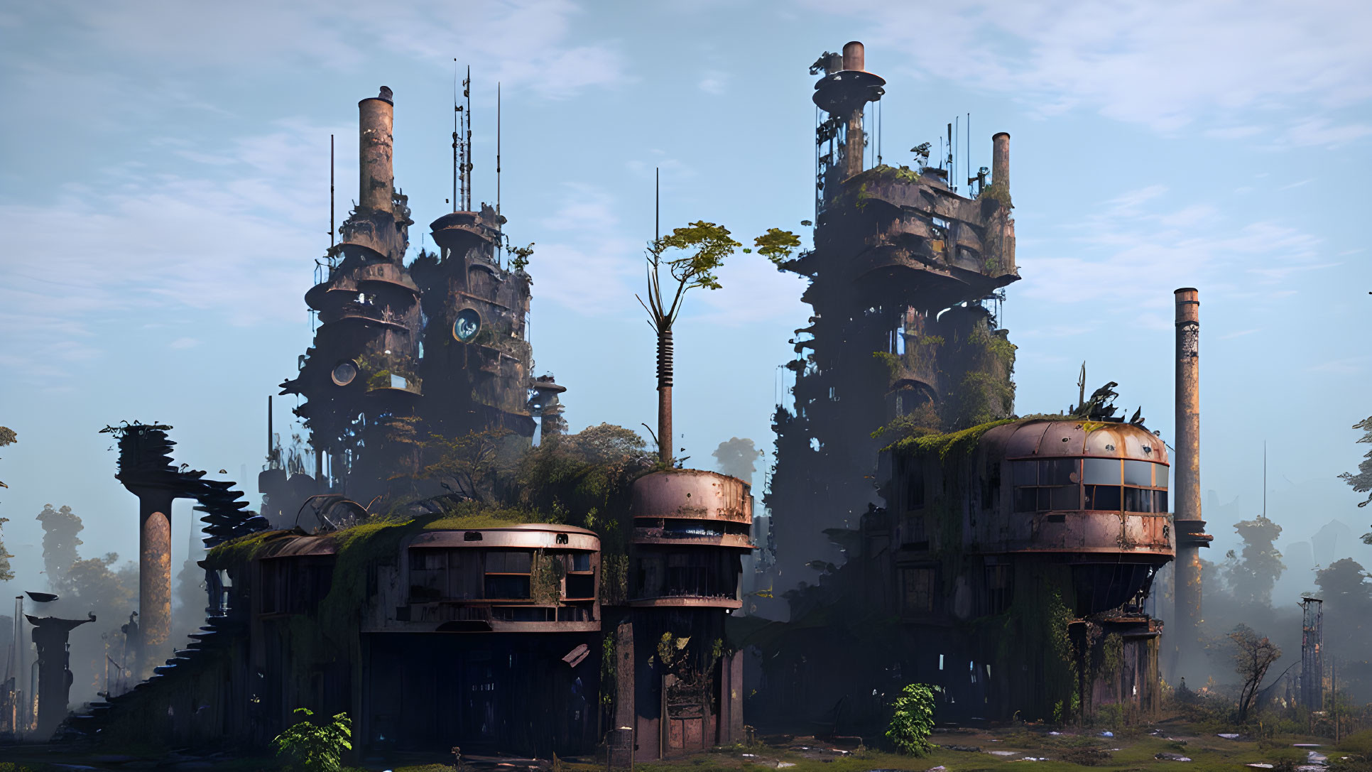 Overgrown futuristic ruins with tall industrial towers in dense foliage