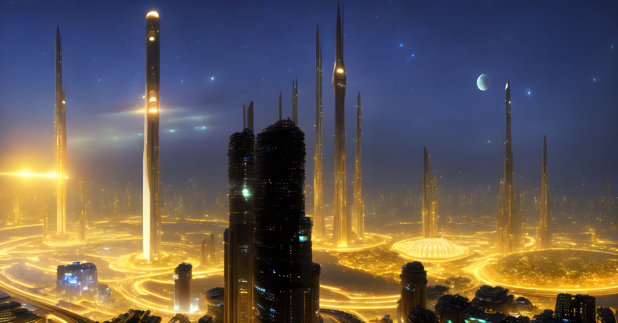 Futuristic night cityscape with high-rise towers and crescent moon