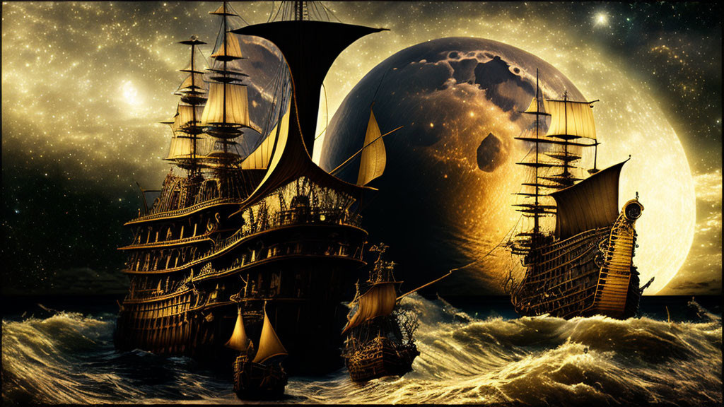 Fantasy night sky with tall ships sailing turbulent seas.