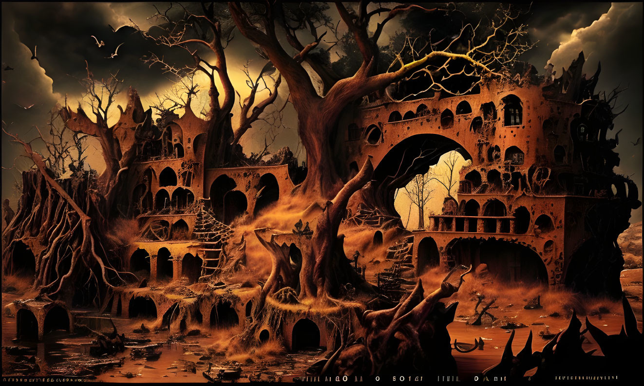 Dark Fantasy Landscape: Intricate Tree Mansion & Barren Branches