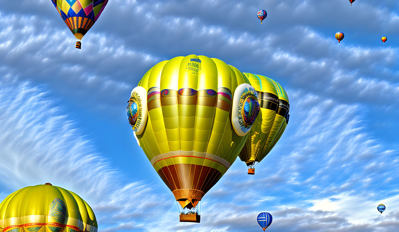 Vibrant hot air balloons in blue sky at dawn