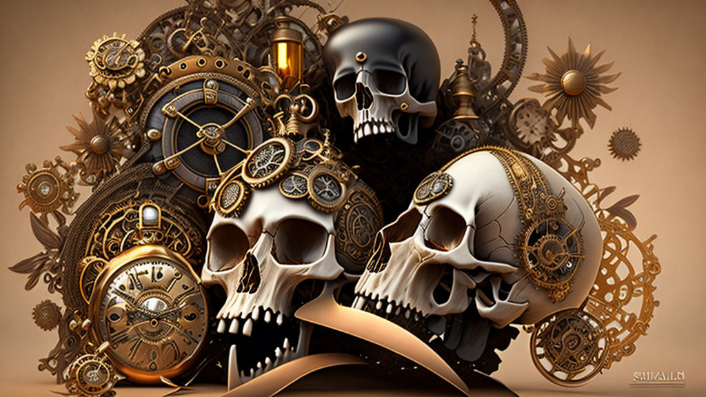 Steampunk-themed artwork with three skulls and mechanical gears in bronze palette