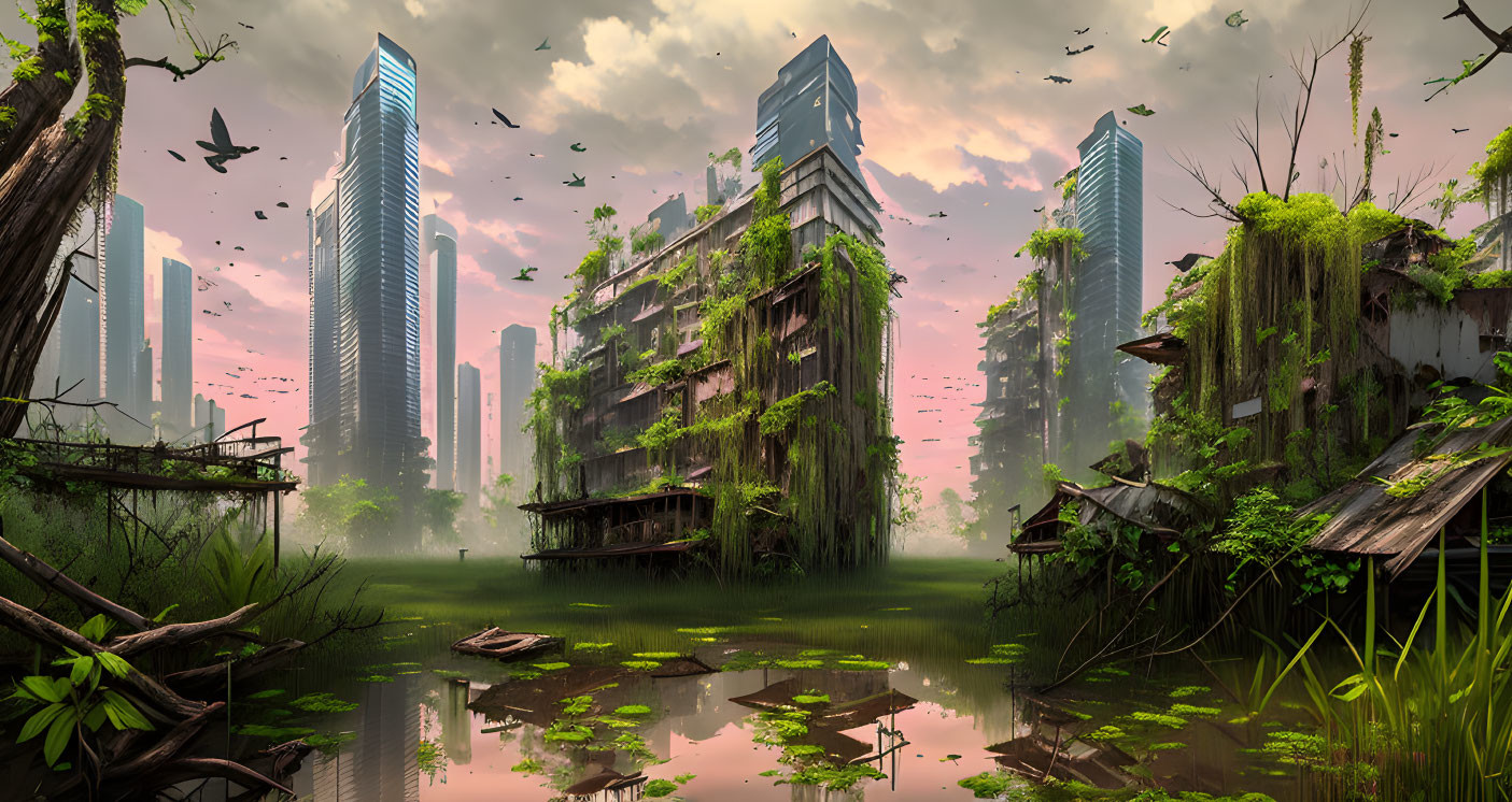 Post-apocalyptic cityscape with overgrown buildings and lush greenery