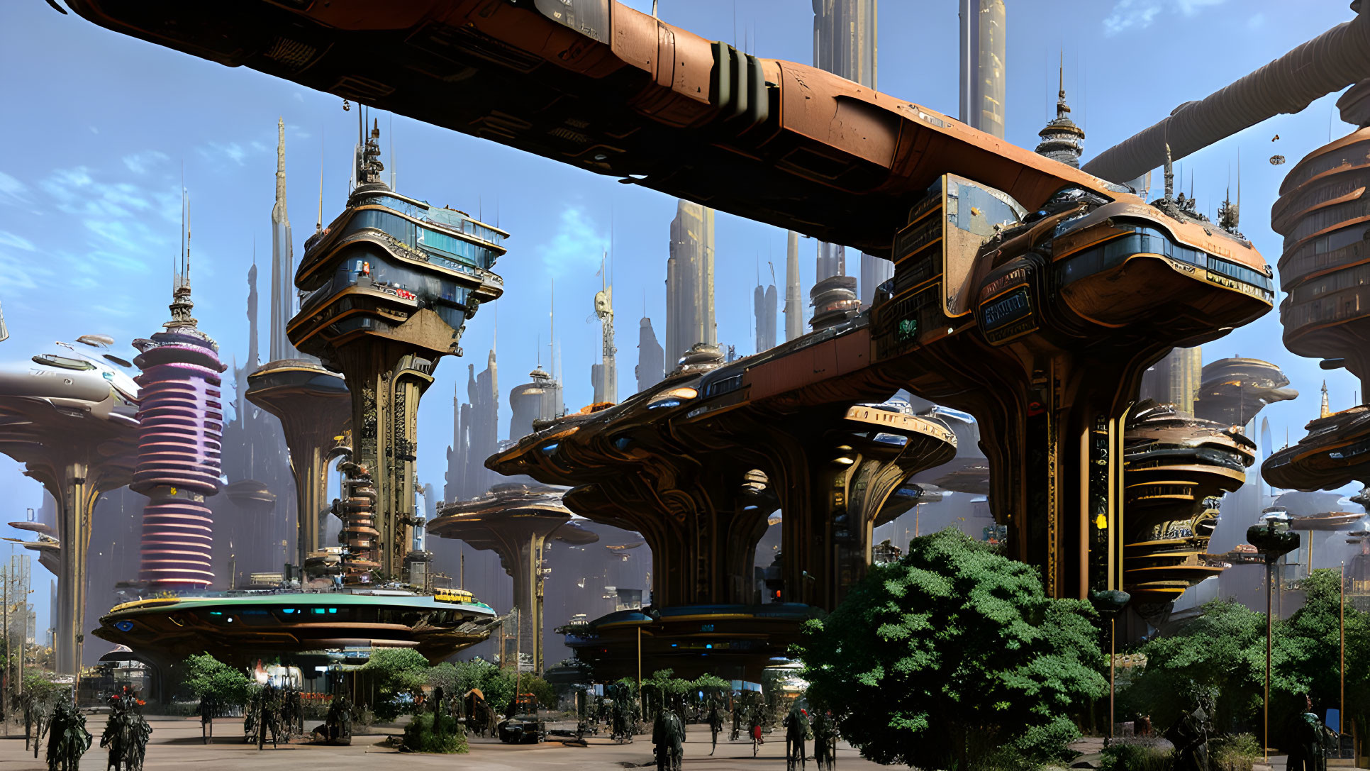 Futuristic cityscape with skyscrapers and suspended walkways