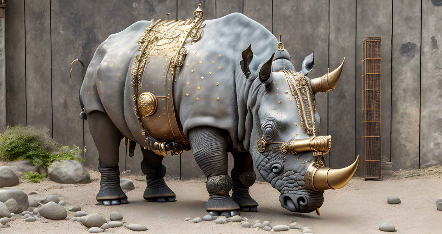 Ornamented rhinoceros in stone enclosure