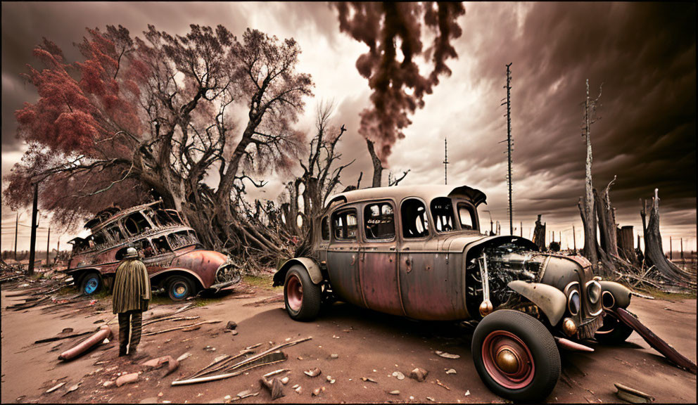 Abandoned bus and car in dystopian scene under stormy sky