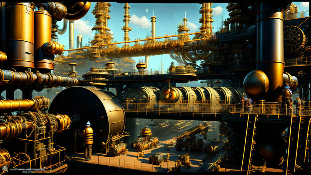 Steampunk-inspired industrial scene with brass gears and turbines.
