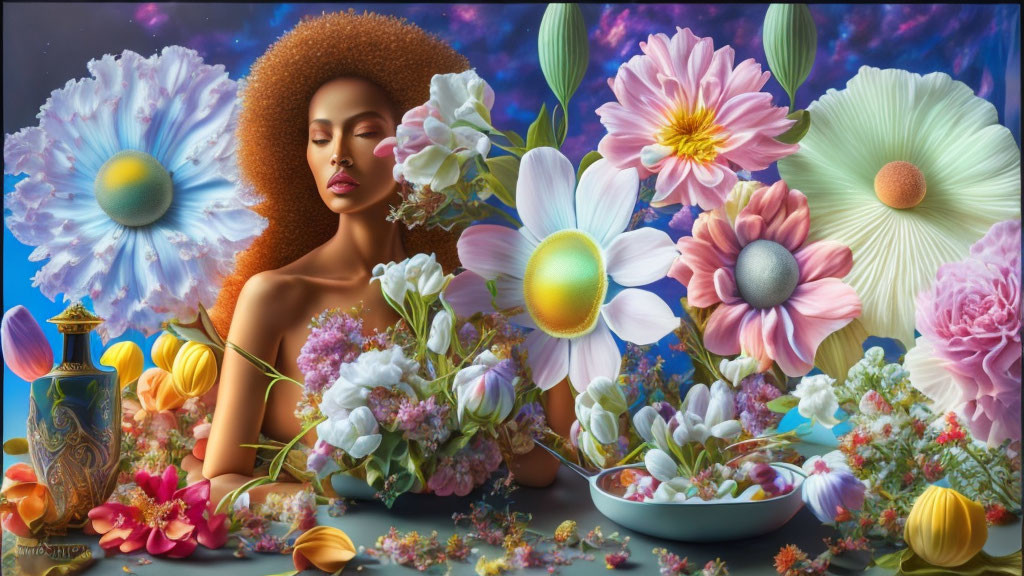Surreal portrait of woman with afro and vivid flowers on celestial backdrop
