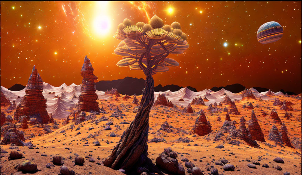 Extraterrestrial landscape with unique tree, orange terrain, and celestial bodies